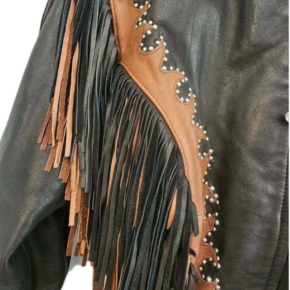 Vintage 90’s Western World Studded Black Leather Fringe Jacket Women's XXL Moto - Picture 3 of 7